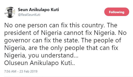 Nobody can fix this country – Seun Kuti