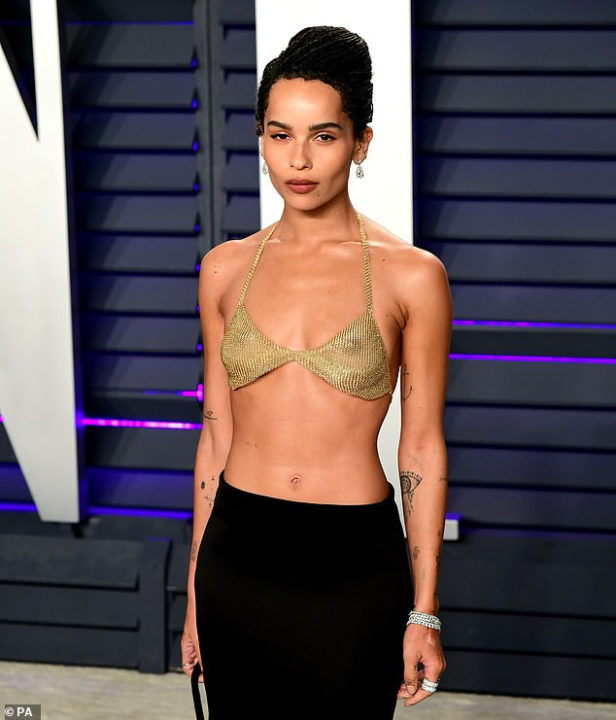 Zoe Kravitz flaunts nipples in see-through 18 karat gold  bra at Vanity Fair’s Oscars after party